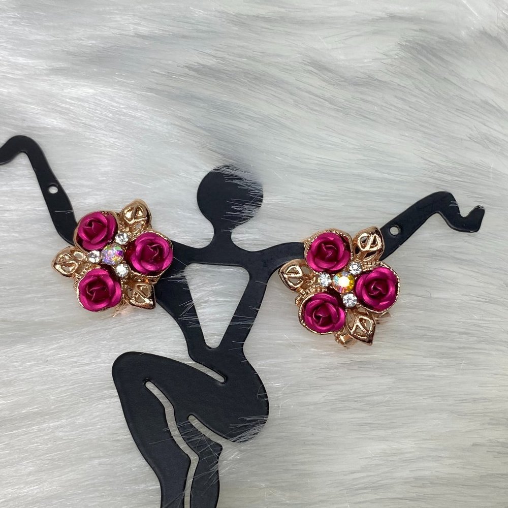 Pink Roses Gold Tone AB Rhinestone Pierced Earring - Picture 5 of 10